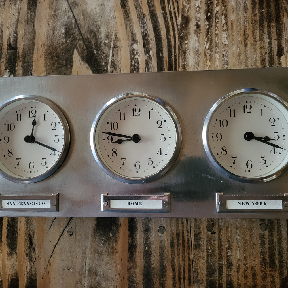 POTTERY BARN Silver Multi-Time Zone Wall Clock